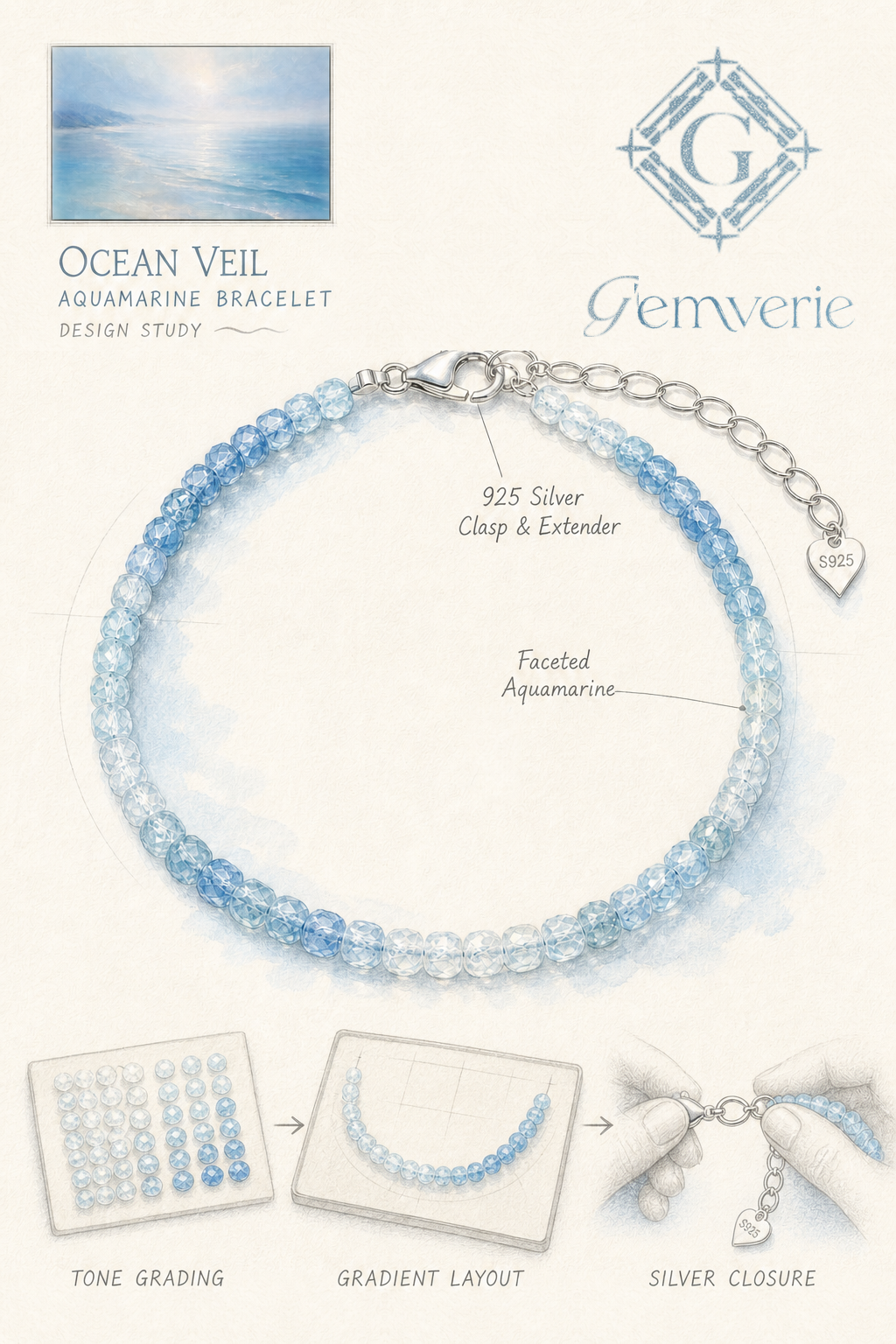 Ocean Veil Aquamarine Bracelet — hand-drawn design