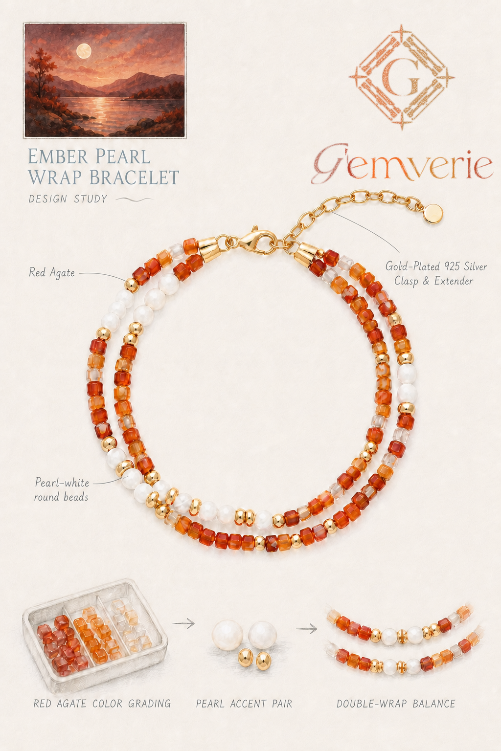 Ember Mother-of-Pearl Wrap Bracelet — hand-drawn design