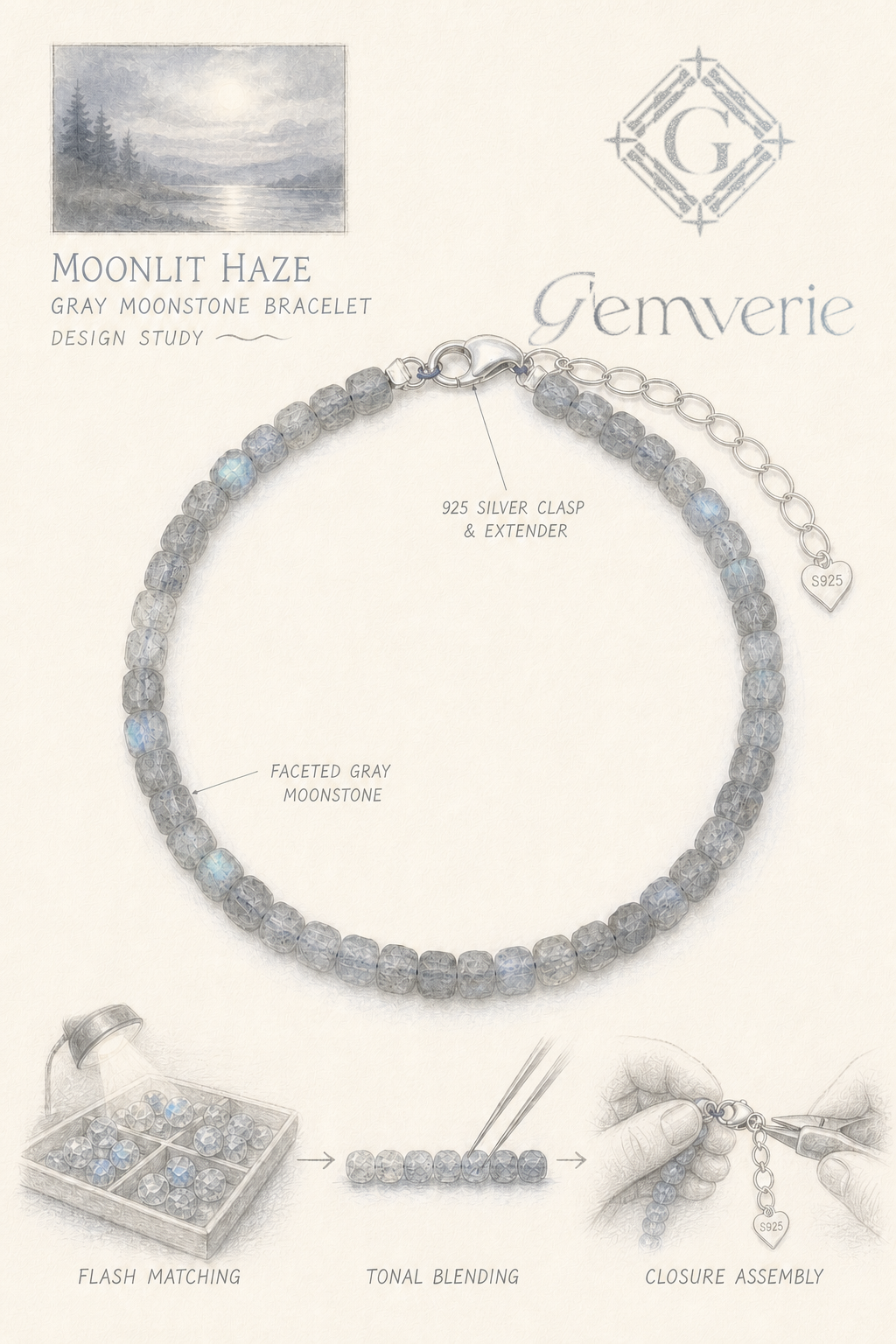 Moonlit Haze Gray Moonstone Bracelet — hand-drawn design