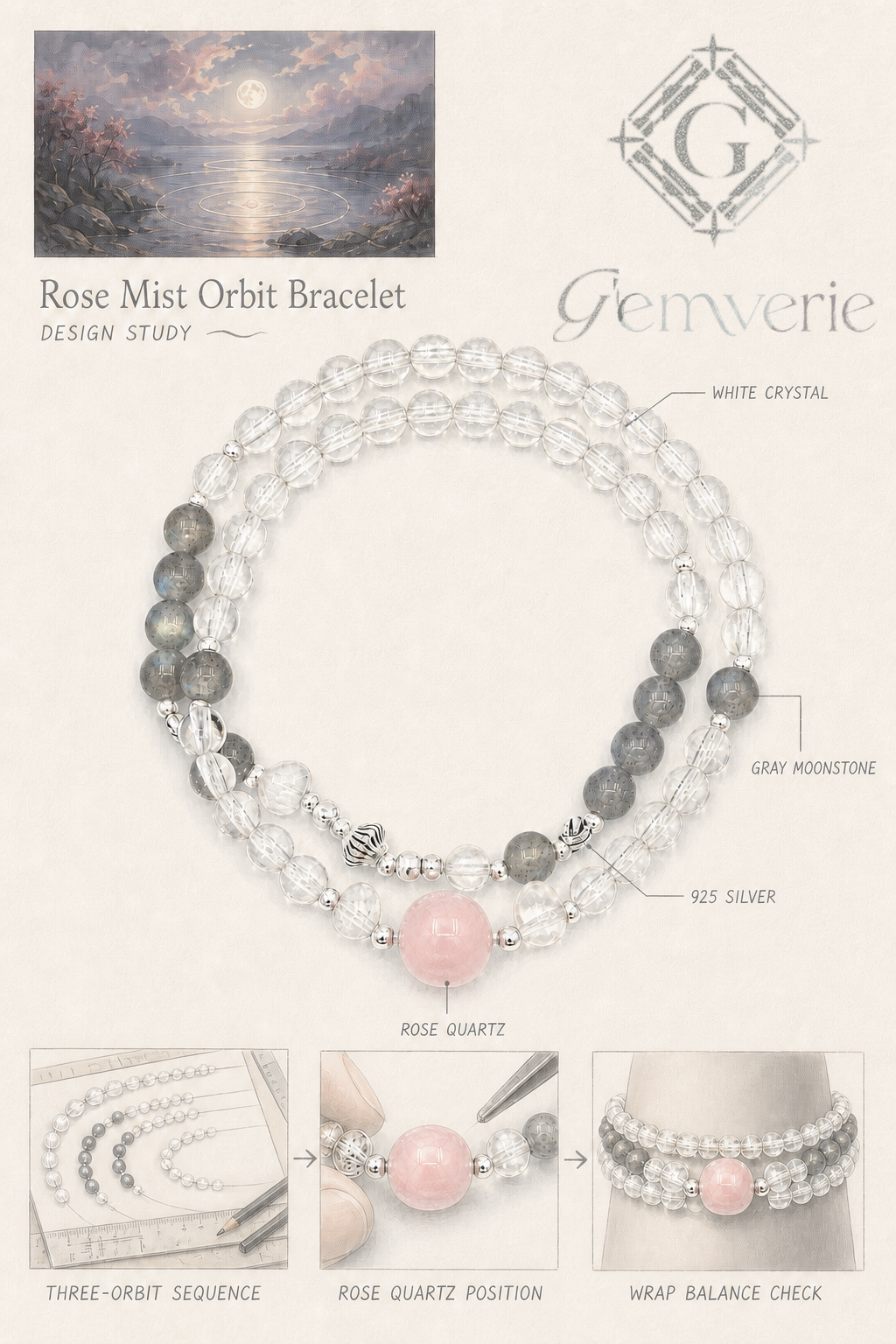 Rose Mist Orbit Wrap Bracelet — hand-drawn design