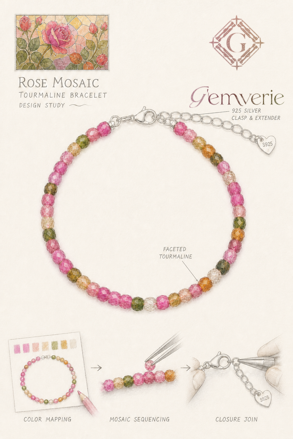 Rose Mosaic Tourmaline Bracelet — hand-drawn design