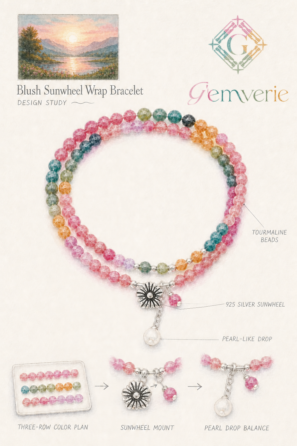 Blush Sun Orbit Wrap Bracelet — hand-drawn design
