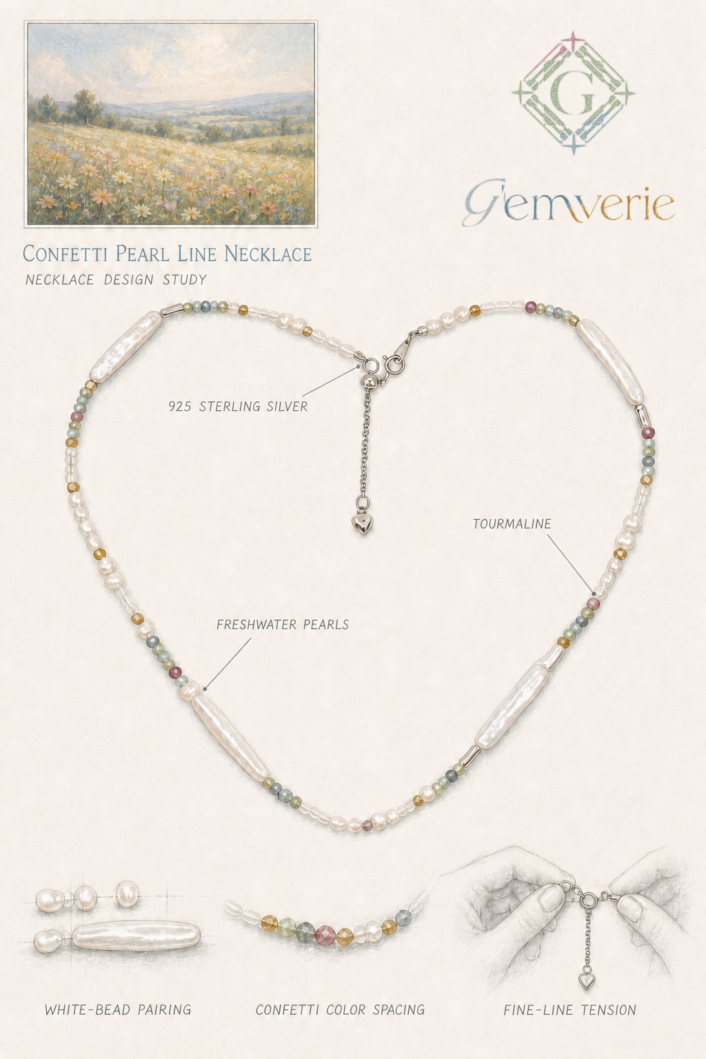 Confetti Pearl Line Necklace — hand-drawn design