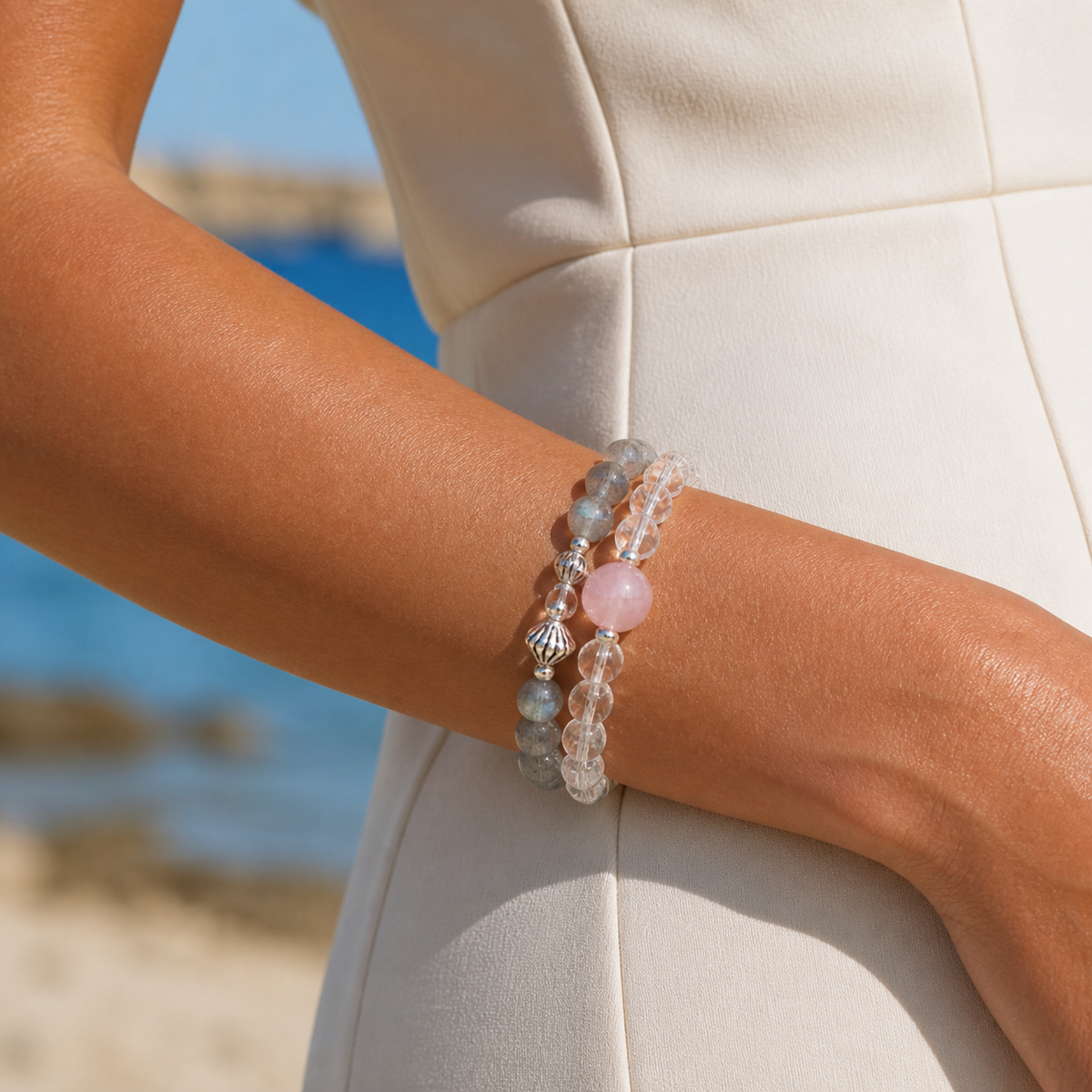 Rose Mist Orbit Wrap Bracelet — worn view