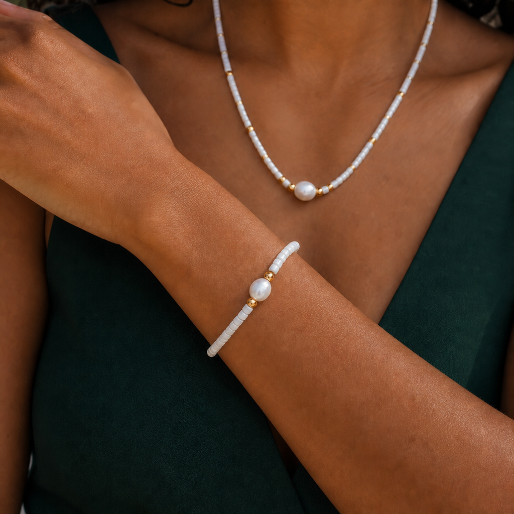 Mother-of-Pearl Frost Bracelet — worn view