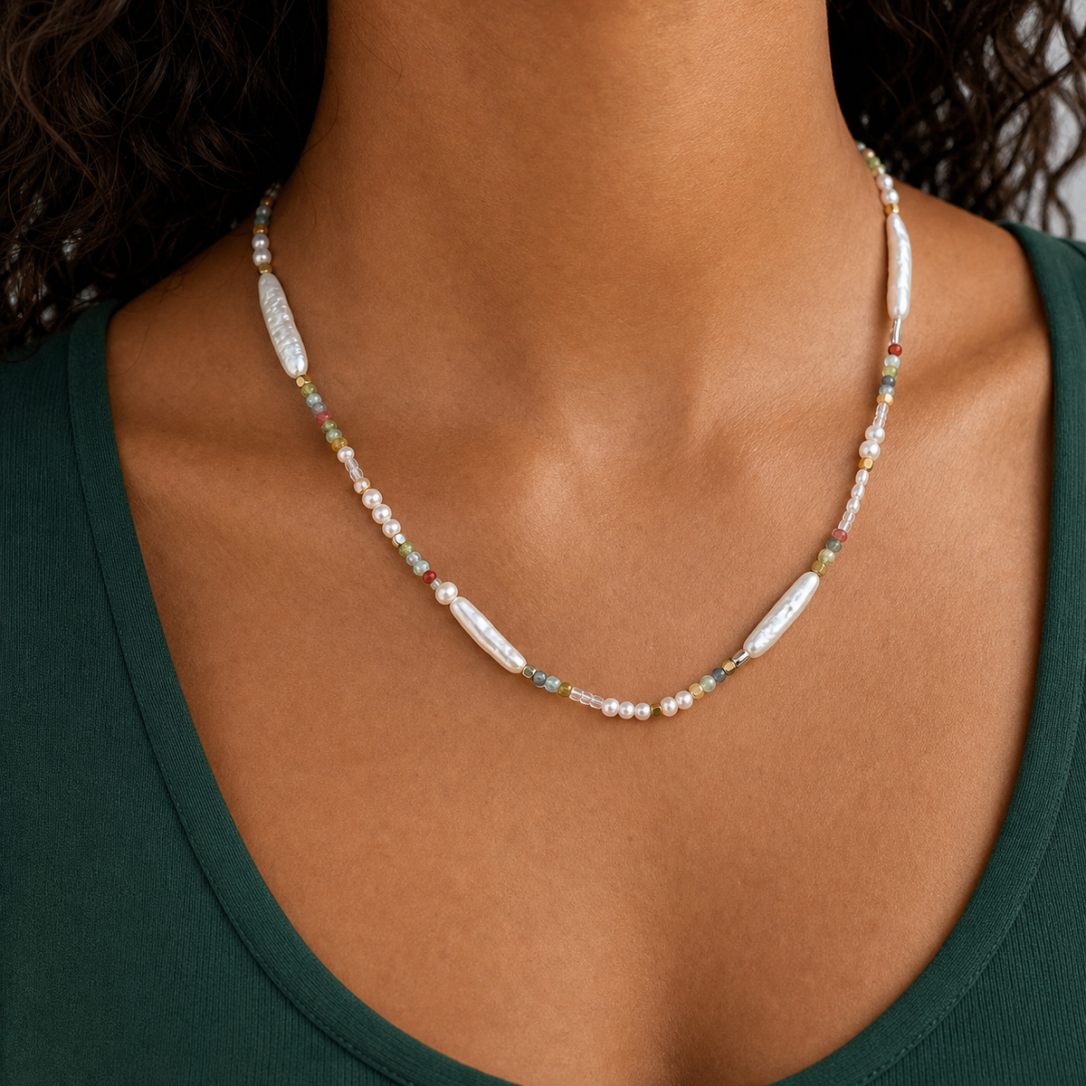 Confetti Pearl Line Necklace — worn view