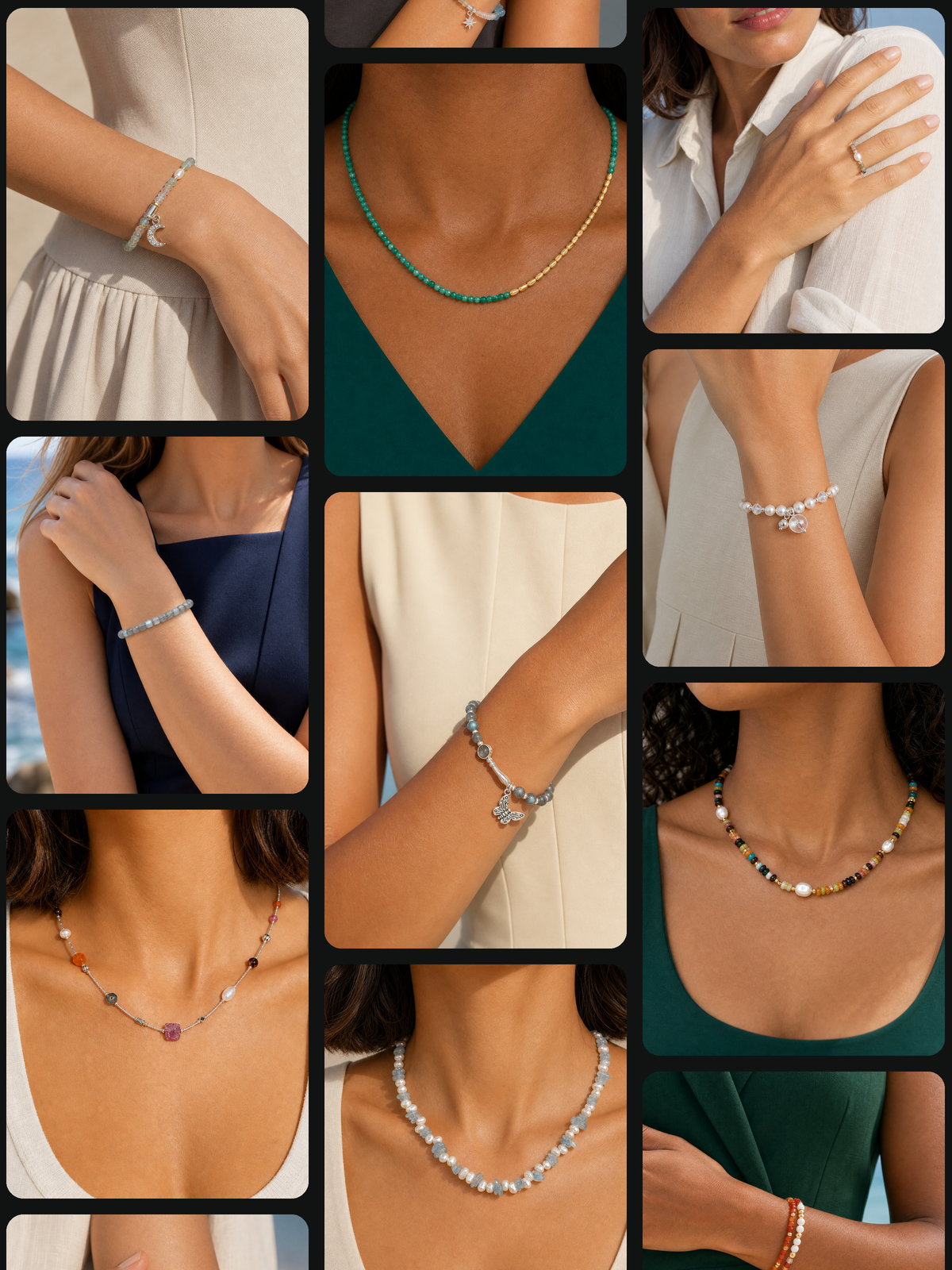 A collage of Gemverie jewelry worn as personal everyday expression