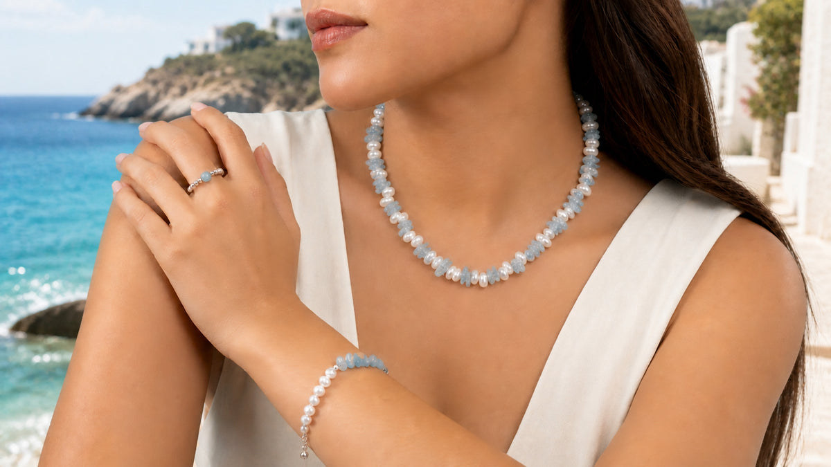 Azure Tides collection — aquamarine blue and freshwater pearl jewelry by the Mediterranean sea