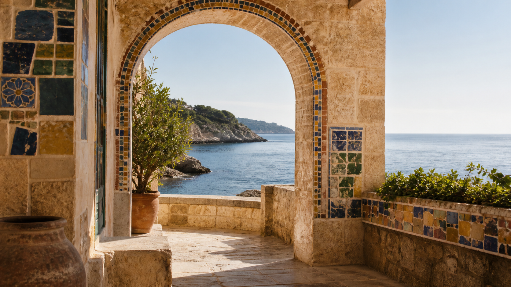 Riviera Mosaic — Mediterranean mosaic arch overlooking the sea