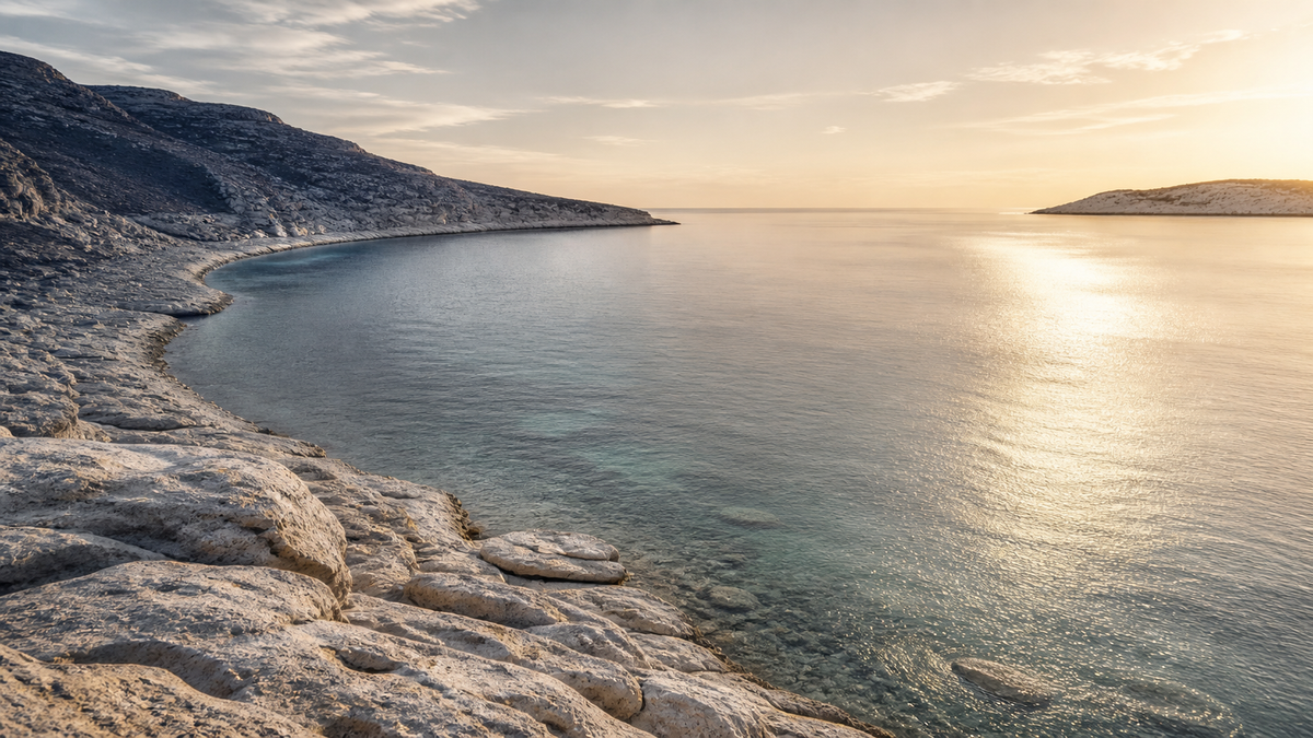 Moonlit Cove — quiet gray rocky cove at golden dusk